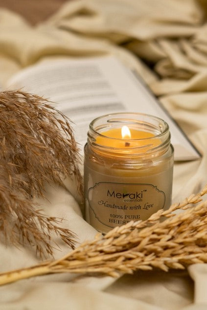 Meraki Essentials - Fragrant 100% Pure Beeswax Jar Candle anointed with Essential Oils (Big) - Burn time of 26 - 28 Hours (1 Candle)