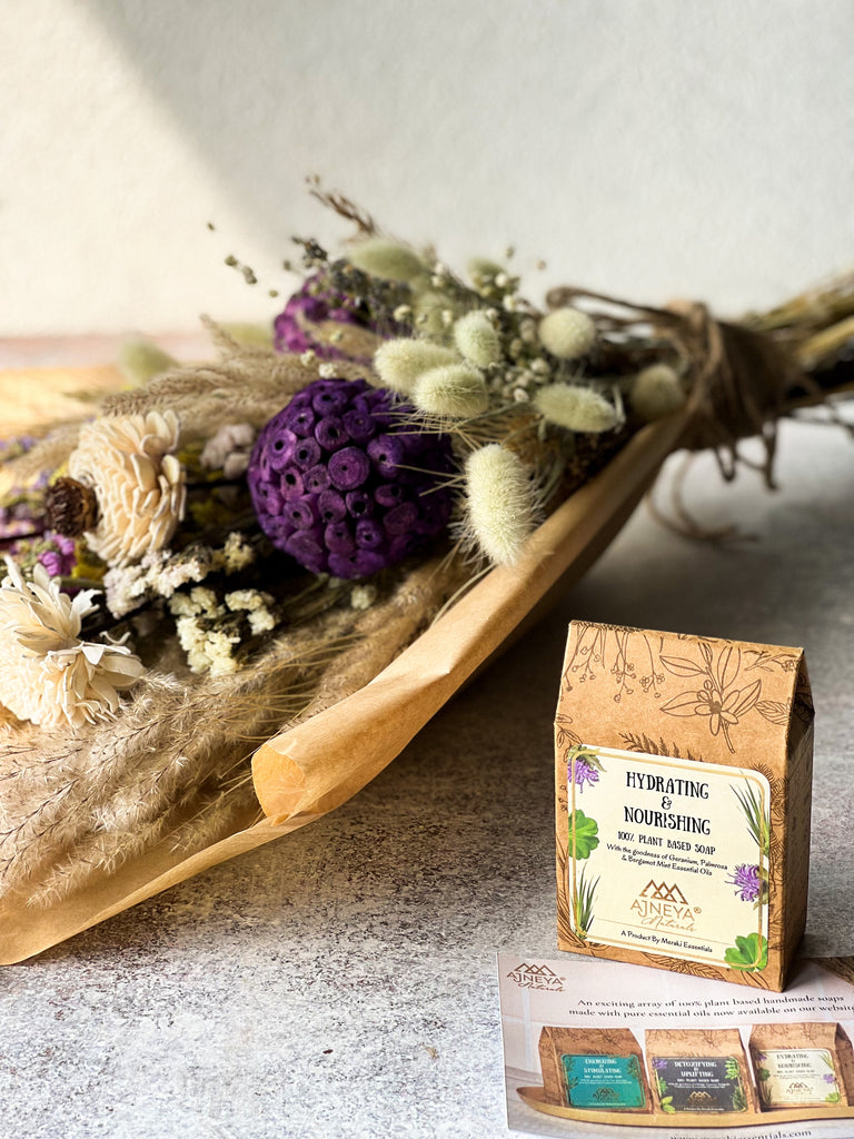 Self Care Hamper - Dry Flowers Bunch &  Handmade Cold Processed Soap & Bergamot Mint Essential Oil