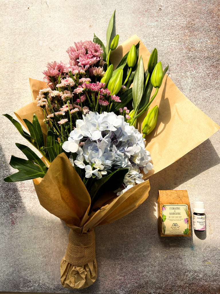 Self Care Hamper - Fresh Flowers Hand Bunch, Handmade Cold Processed Soap & Ylang Ylang Essential Oil